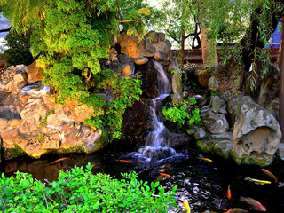 Waterfall feature in pond
