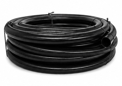 Coil of black flexible PVC pipe for pond and waterfall plumbing