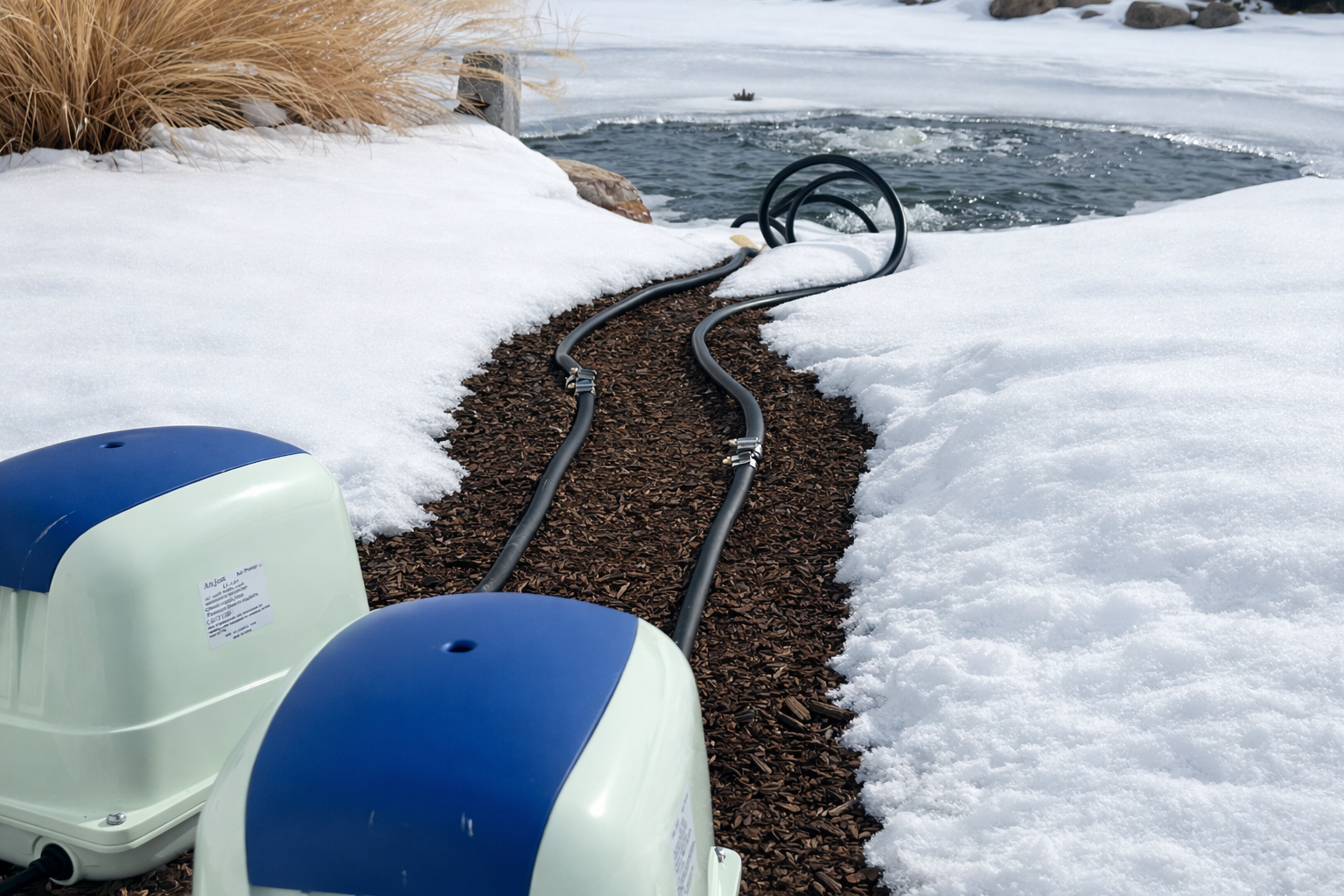 Pond aerators connected by tubing to maintain open water in frozen pond during winter