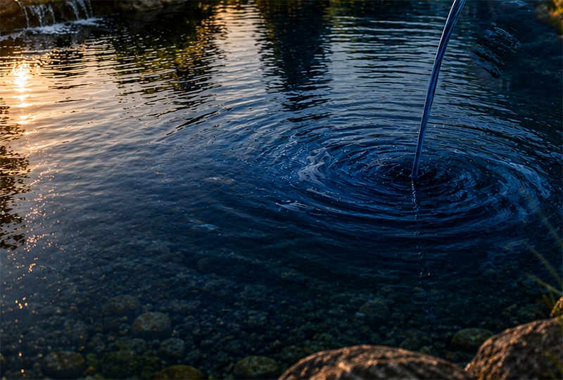 Blue tinted pond water with beneficial bacteria