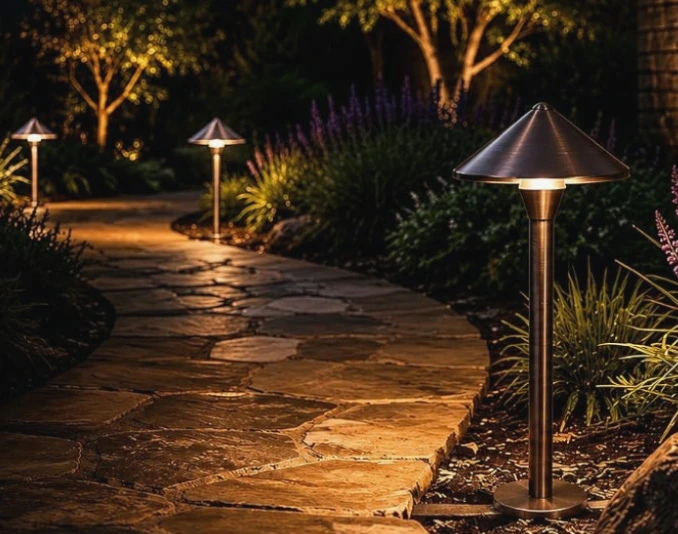Bronze dome-top LED path light illuminating a flagstone walkway at night, with two matching fixtures lighting the garden border beyond