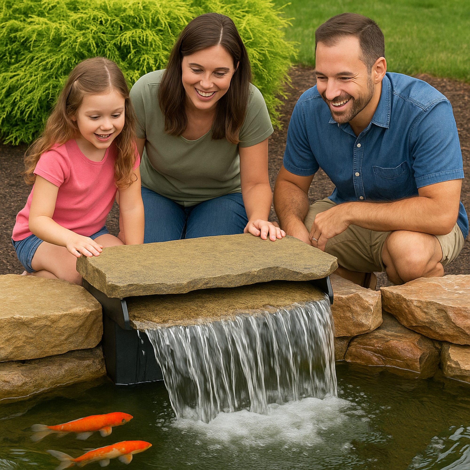 Family with young daughter smiling and watching koi fish in a backyard pond with a stone waterfall spillway