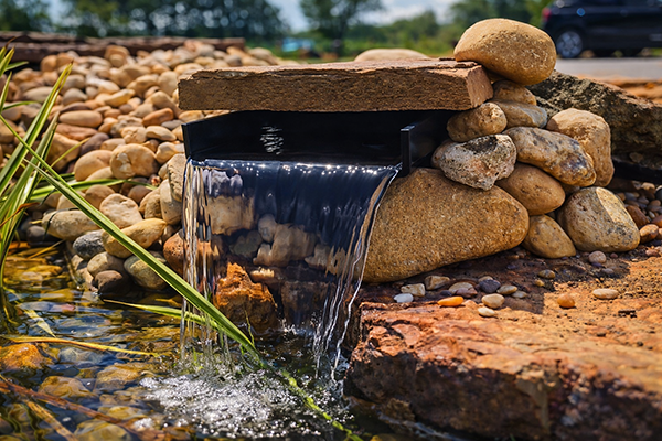 Black pond waterfall spillway flowing over natural rocks into a garden pond with ornamental grasses