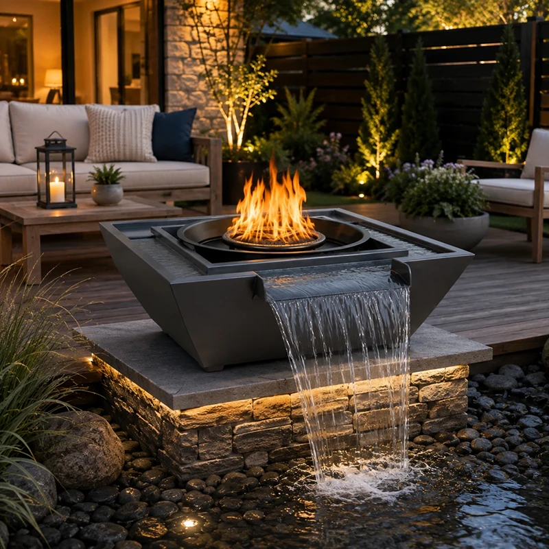 Square fire and water bowl with a stainless steel spillway pouring into a pond, flames burning in the center basin, set on a stacked stone base beside a patio with outdoor seating at dusk.