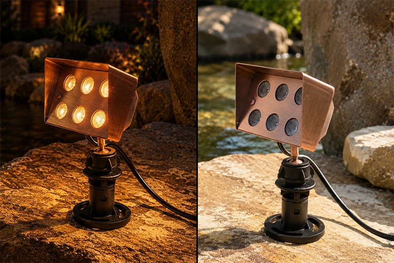 Side-by-side comparison of a copper six-LED landscape flood light mounted on a rock beside a pond — lit at night with warm glowing bulbs on the left, and unlit in daylight on the right.