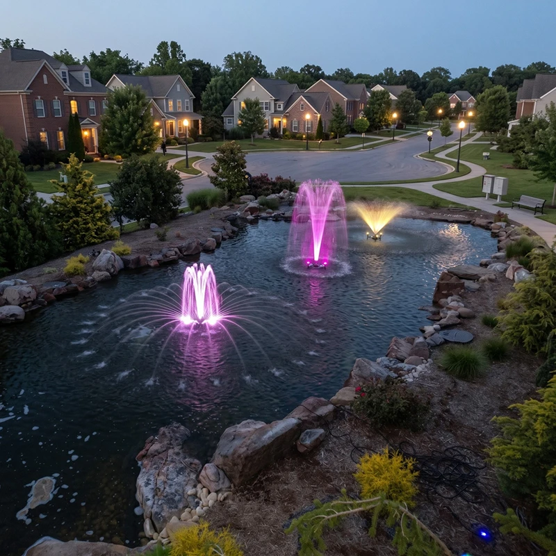 Landscape pond with three illuminated fountains spraying pink, purple, and warm yellow water in a residential neighborhood at dusk.
