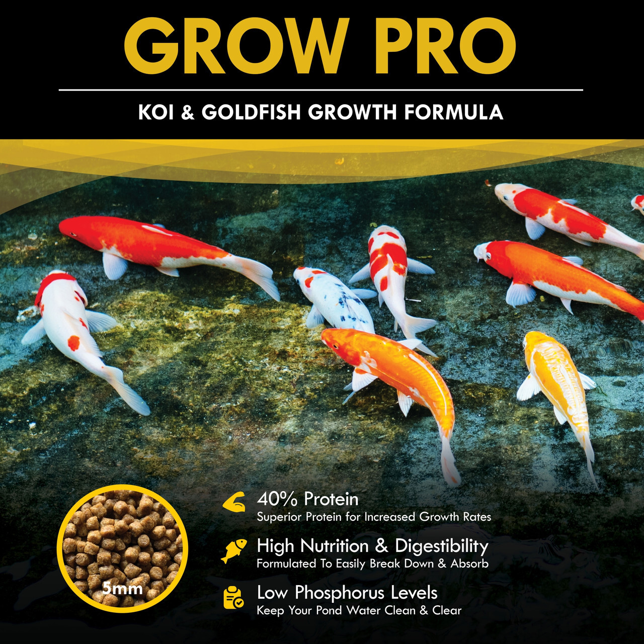 Grow Pro Koi & Goldfish Growth Formula product graphic featuring colorful koi swimming overhead, 5mm pellet inset, and key benefits including 40% protein, high digestibility, and low phosphorus levels