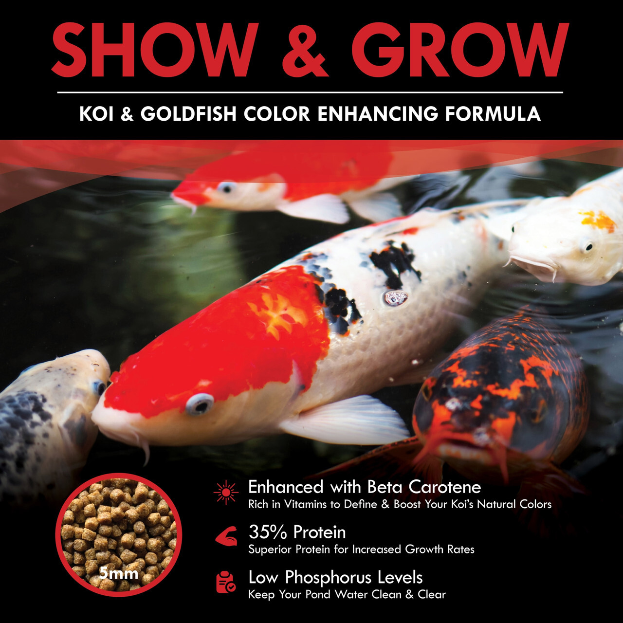 Show & Grow Koi & Goldfish Color Enhancing Formula product graphic featuring vibrant koi fish, 5mm pellet inset, and key benefits including beta carotene, 35% protein, and low phosphorus levels