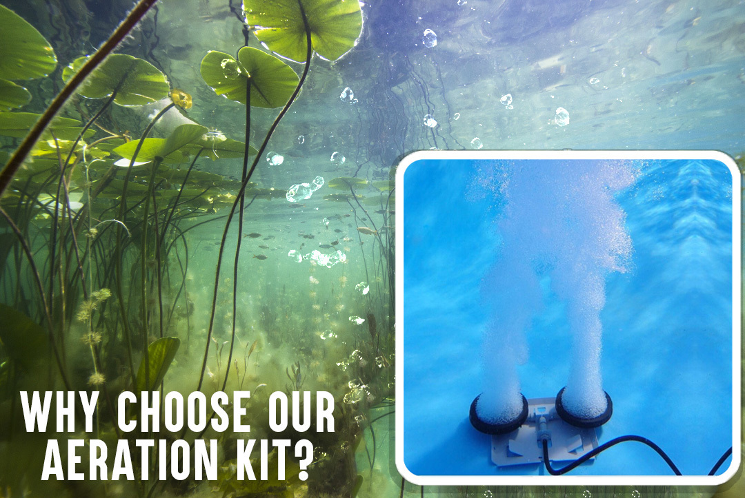 Split underwater view showing natural pond ecosystem with lily pads and aquatic plants on left, and close-up of blue dual-disc pond aeration diffuser releasing oxygen bubbles on right, with text 'Why Choose Our Aeration Kit?