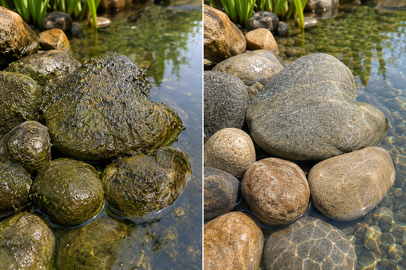 Oxygen-powered oxidation cleaning pond rocks and waterfall