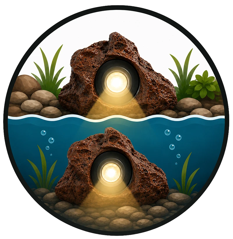 Faux rock light in waterfall spillway