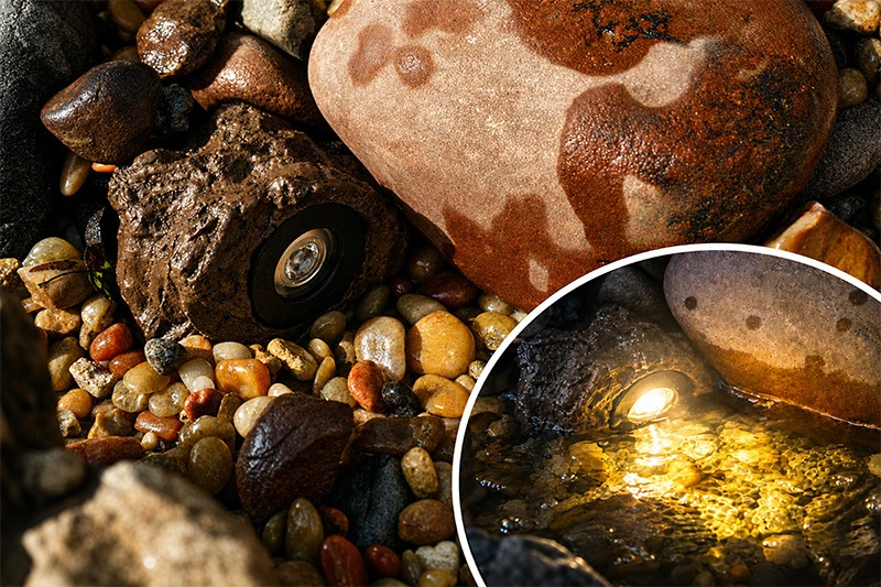 Rock light with a recessed LED lens blended among river rocks and pebbles, with an inset showing the light glowing warm gold beneath rippling water at night.