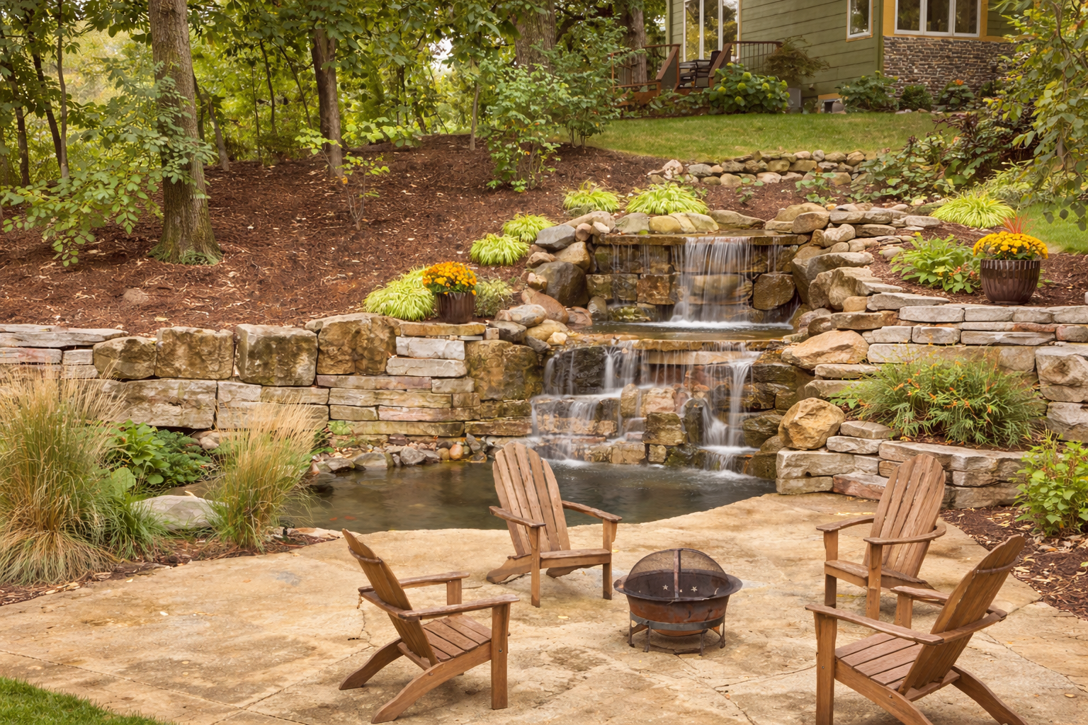 Beautiful backyard pond with waterfall