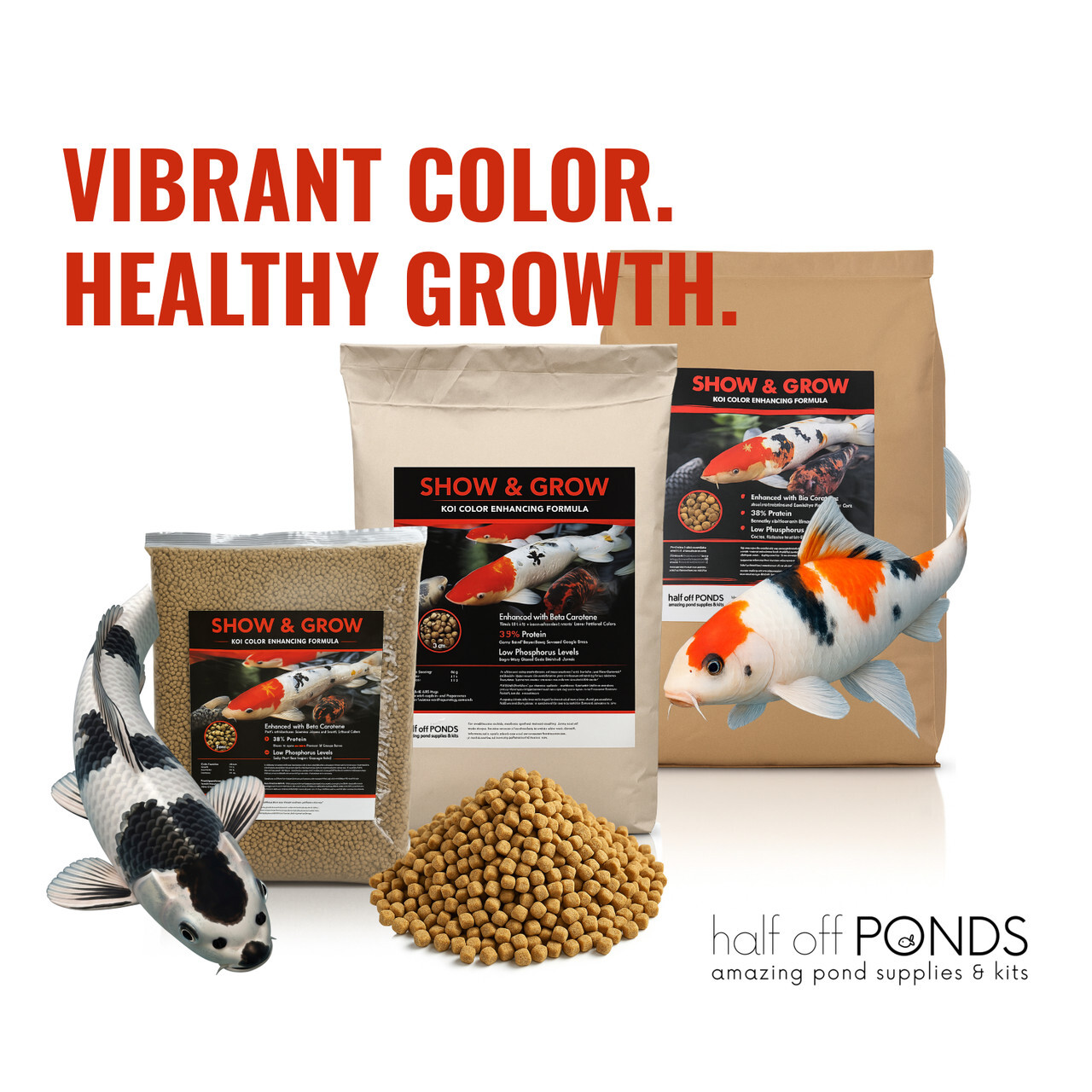 Show & Grow Koi Color Enhancing Formula product line from Half Off Ponds showing three bag sizes with koi fish and loose pellets displayed in the foreground
