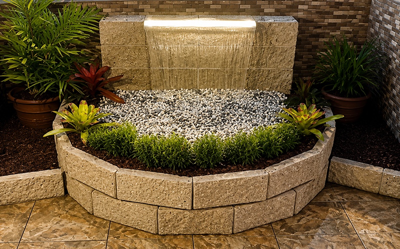 Stone spillway water feature in daytime display, featuring tan stone cladding with water cascading into white gravel basin.