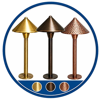 Polished brass, smooth bronze, and textured bronze path light finishes