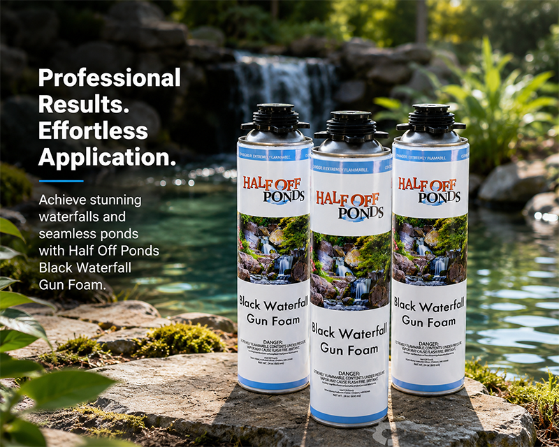 Three cans of Half Off Ponds Black Waterfall Gun Foam displayed on a stone ledge beside a natural-looking backyard pond and waterfall