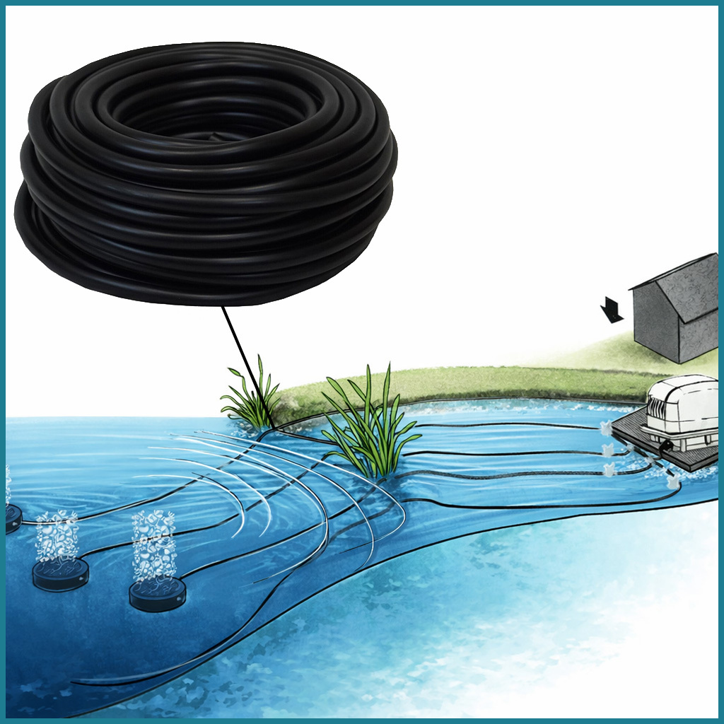 Weighted black aeration tubing installation diagram for pond aeration system