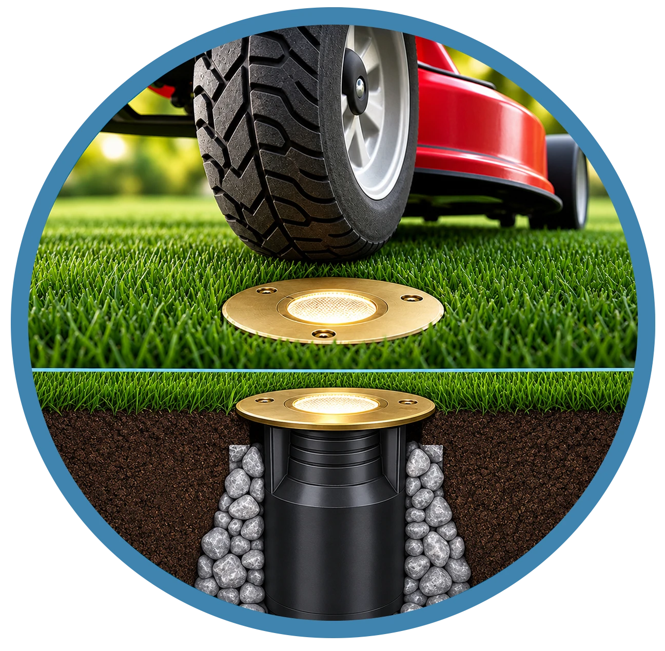 Flush-mounted LED well light in lawn