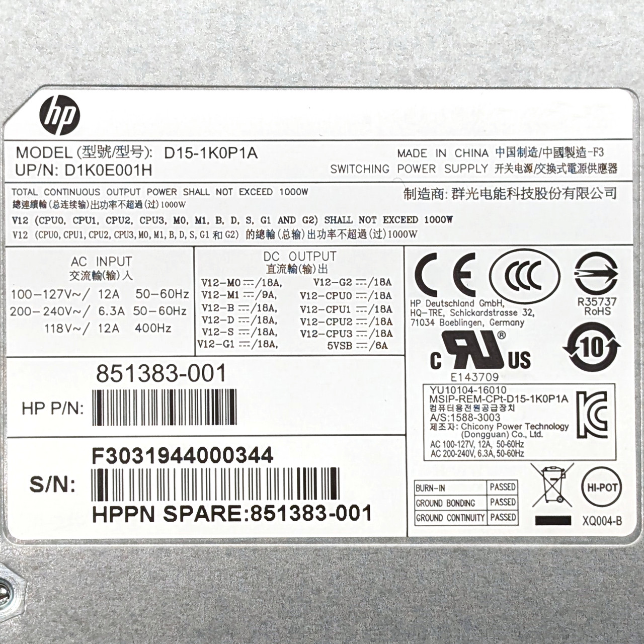 HP Z4 G4 / Z6 G4 1000W Switching Power Supply (851383-001, D15