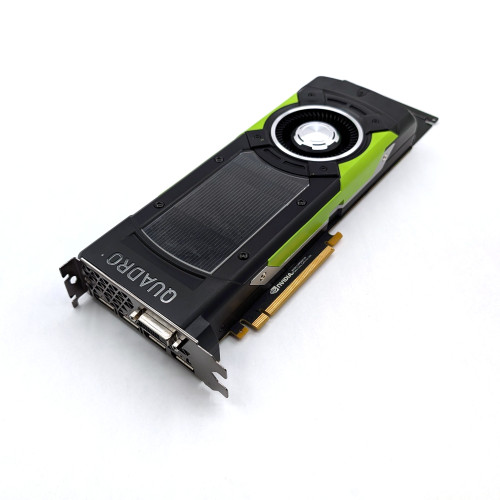 3/4 view Dell NVIDIA Quadro P6000 GJPV7 4x DP 1.4 + 1x DVI-D DL 24GB GDDR5X Graphics Card High Profile
