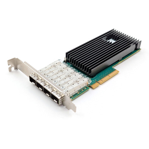 3/4 View Silicom Dell DTV7K PE310G4I71LB-XR Quad Port 10GB Fibre Channel High Profile