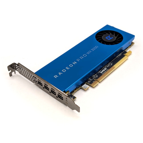 3/4 View HP L65648-002 AMD Radeon Pro WX 3200 4x mini-DisplayPort 4GB GDDR5 Graphics Card High Profile