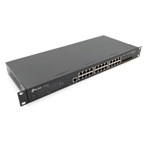 3/4 Front View TP-Link TL-SG3428 JetStream 24-Port Gigabit L2+ Managed Switch with 4x SFP Slots