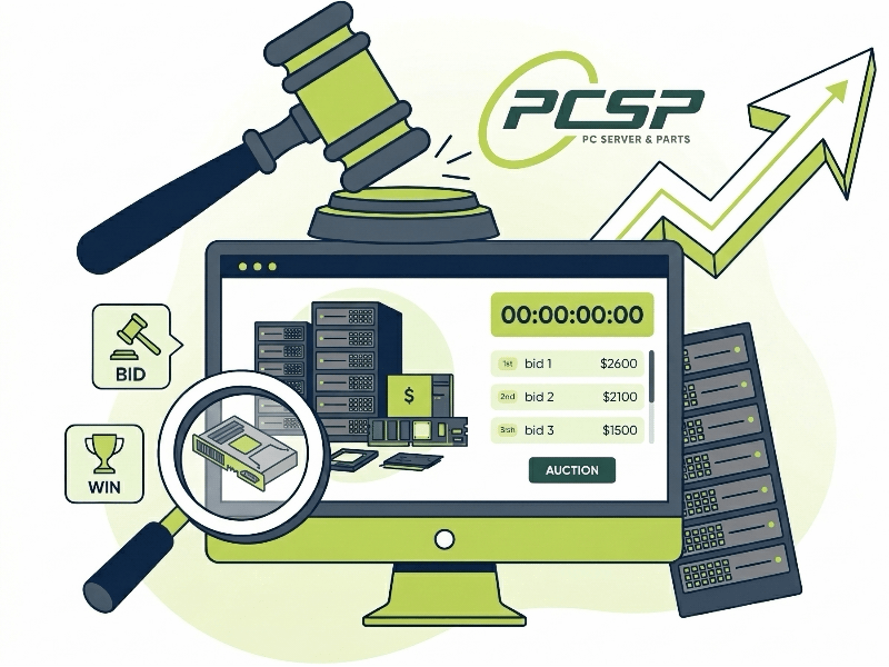 PCSP Online Auctions — dashboard preview with active wholesale lots, gavel and a server rack