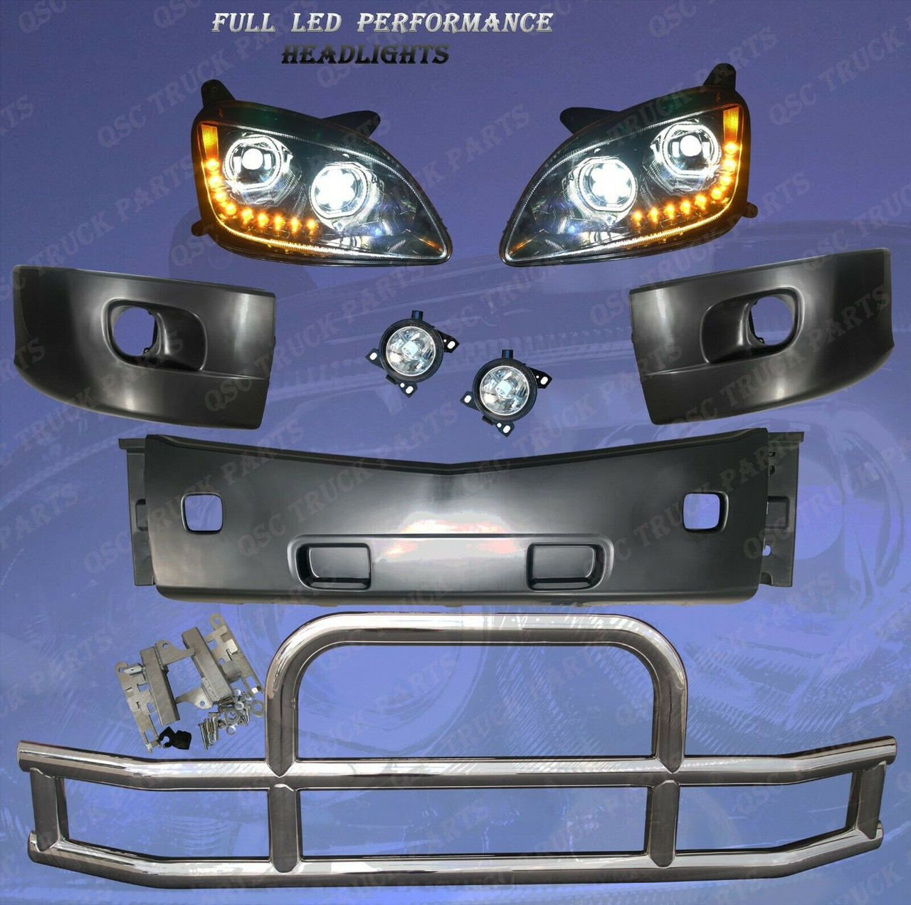 QSC Bumper Set + Fog Light + Full LED Headlights + Deer Guard for Peterbilt  579