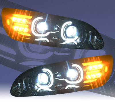 QSC Full LED Performance Black Headlights LH RH Pair for Peterbilt 386 387