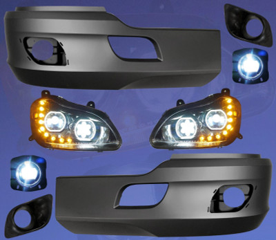QSC Bumper Pair w/ LED Fog Light + Bezels + LED Headlight Set for Kenworth T680