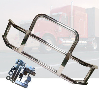 QSC Polished 304 Stainless Steel Deer Guard + Bracket for Kenworth T680 2022+ QSC Polished 304 Stainless Steel Deer Guard + Bracket for Kenworth T680 2022+