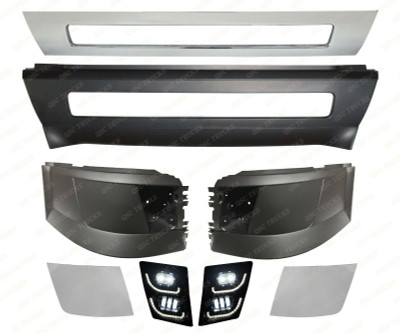 QSC Truck Bumper Chrome Set Center L R & Full LED Fog Lights for Volvo VNL VN