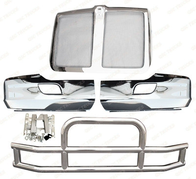 QSC Chrome Bumper Pair + Stainless Steel Deer Guard + Grille for Kenworth T680 QSC Chrome Bumper Pair + Stainless Steel Deer Guard + Grille for Kenworth T680