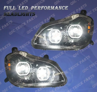 QSC Full LED Performance Black Headlight Assembly LH RH Pair for Kenworth T680