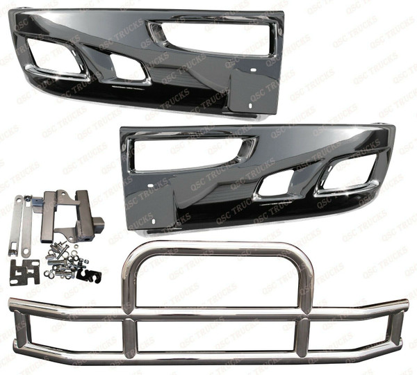 QSC Chrome Bumper Corner Left & Right Pair + Deer Guard for Kenworth T660