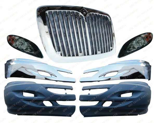 QSC Bumper w/ Chrome Trim + Grille + Headlights Set for International Prostar QSC Bumper w/ Chrome Trim + Grille + Headlights Set for International Prostar