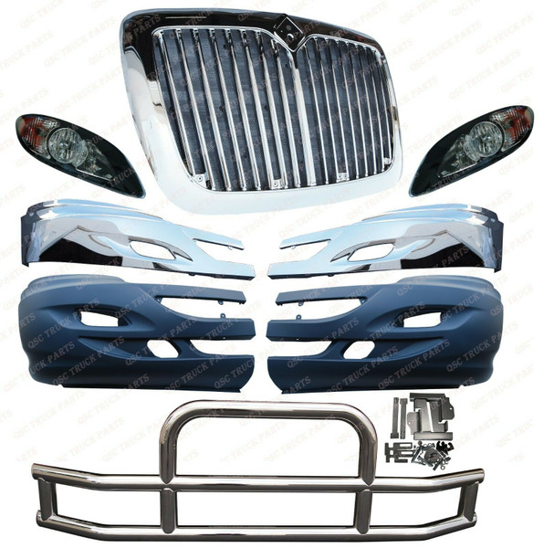 QSC Bumper w/ Chrome Grille Headlights Deer Guard Set for International Prostar QSC Bumper w/ Chrome Grille Headlights Deer Guard Set for International Prostar