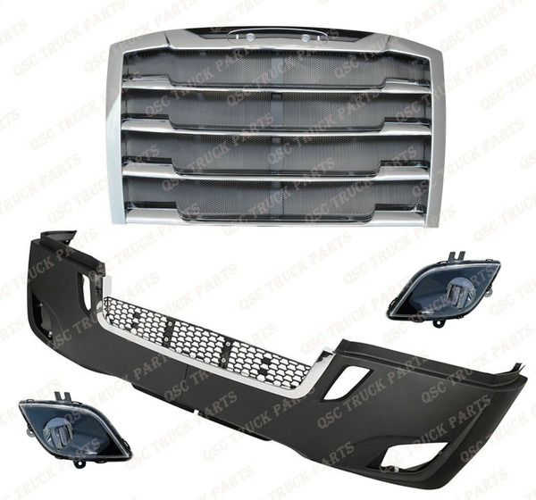 QSC Bumper w/ Chrome & Fog Lamp Pair & Grille for Freightliner Cascadia 2018+