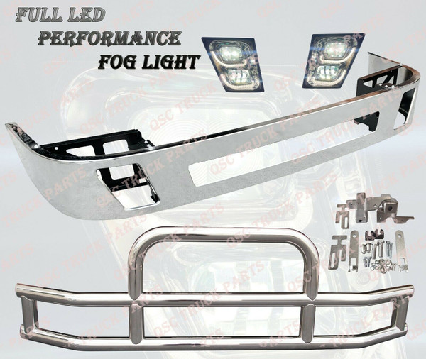 QSC Chrome Steel Bumper w/ Brackets LED Fog Light Deer Guard for Volvo VNL VN