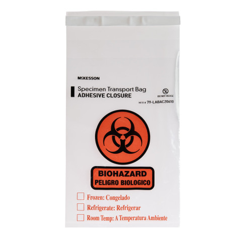 Specimen Transport Bag with Document Pouch 6 X 10 Inch Adhesive Closure Biohazard Symbol / Storage Instructions NonSterile