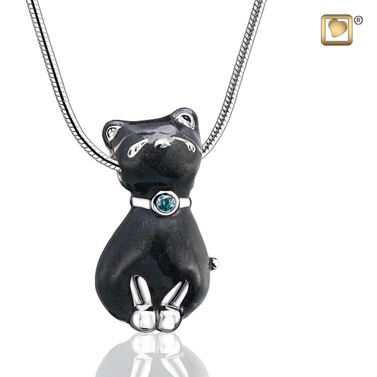 Pendant Princess Cat Midnight Enamel Rhodium Plated with Sappphire Swarovski Crystal