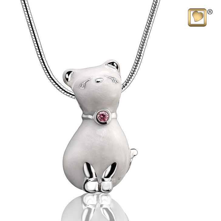 Pendant Princess Cat Pearl Enamel Rhodium Plated with Pink Swarovski Crystal