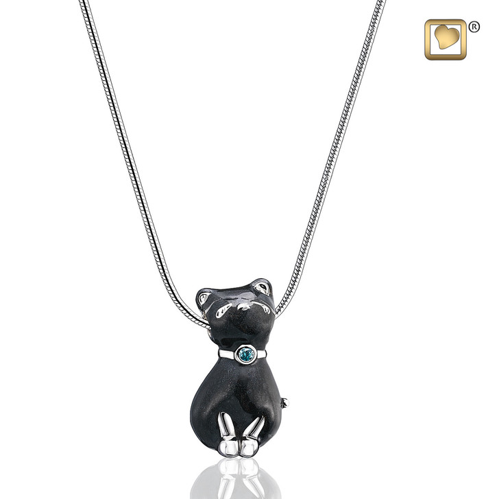 Pendant Princess Cat Midnight Enamel Rhodium Plated with Sappphire Swarovski Crystal