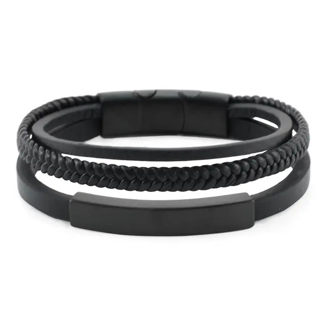 Onyx and Black Triple Band Leather Bracelet