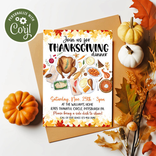 Thanksgiving Dinner Digital Invitation -DIY Thanksgiving Give Thanks Invite - Dinner Party - Edit Yourself - Instant Download!