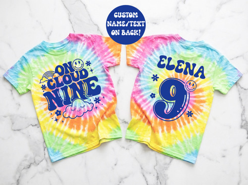 On Cloud Nine Birthday Shirt | 9th Birthday Tie Dye Tee | Custom Name Birthday Girl Shirt | Ninth Birthday Outfit | Rainbow Tie Dye Kids