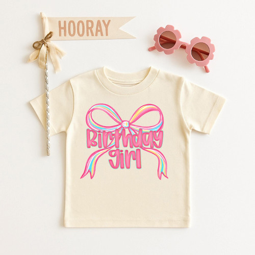 Rainbow Coquette Birthday Girl Shirt – Personalized Name, Age Tee – Kids Bow Design