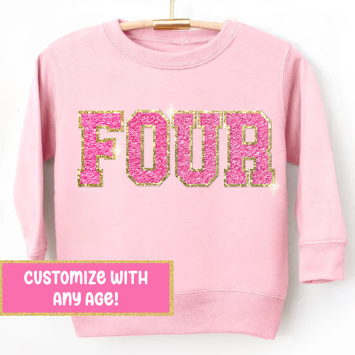 Girl's Birthday Glitter Chenille Sweatshirt - Any Age - 1st 2nd 3rd 4th 5th 6th Pink Sweatshirt - Girl's Bday Outfit - Girl's Picture Shirt